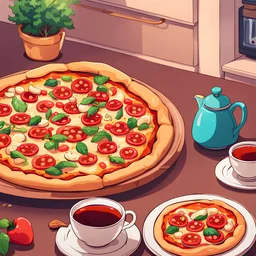 anime artwork {Pizza with mushroom and peperoni topping and some tea. The food is served on the kitchen counter in a cozy appartment} . anime style, key visual, vibrant, studio anime, highly detailed