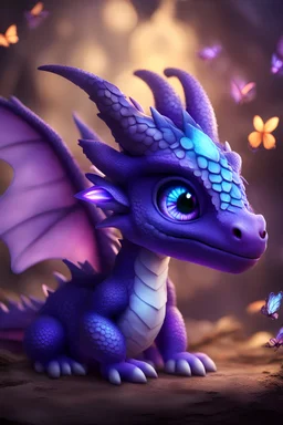 purple small cute dragon, glowing blue eyes, small size, glowing scales butterflies in in the background