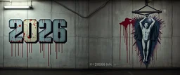 background of firing squad execution wall(wet textured concrete, gray, old, cracked, billet holes, blood stained, 1 wall light) from underground parking, german style, a large blocky upside down "2026" painted on left(old faded paint, red stains running down and past), cyberpunk, to the right a larger mural of a hanged man