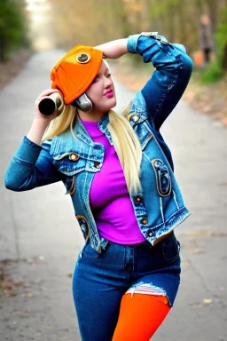 blonde taking selfie.thick thighs,thick calves,flat belly,curvy fell. New kind of bolero is sewed of upcycled Denim, which condescend. It is sewed together of camouflage pieces, whose color are all denim colors, orange, cream and purple. Big colored headphones (gold rings!) is merged with small felt cap with small visor. It is with big bright purple felt tippet and birght-colored-hood is merged with colorful beanie. Style: Haute Couture, 1980's Finland, N.Y.C fashion in 2023