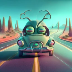 a cartoon alien driving a car down a road, a character portrait by Mike Winkelmann, featured on cgsociety, pop surrealism, rendered in cinema4d, daz3d, behance hd