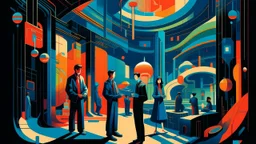 An digital painting by Kuniyoshi and Kandinsky of tech-people walking inside a futuristic digital world.