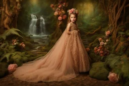 A beautiful fairytale magical composition of a rainforest with a waterfall, a masterpiece, patchwork-like, made of different materials: tulle embroidered with precious stones, lace and real pearls, silk, velvet, burlap, faux fur with leopard print. Unicorn, flowers