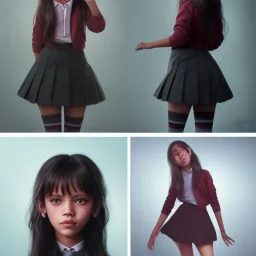 Jenna ortega as wednesday with black school uniform, seifuku, pleated miniskirt, overknee socks, painted by artgerm and tom bagshaw, fantasy art, dramatic lighting, highly detailed oil painting, volumetric lighting