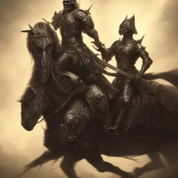 Skull headed warrior knight riding a muscular black horse with feet of fire, battle scars, still standing, rage, armor, foggy, electric currents, sword, pride, honor, scary, detailed, 4K, HD, Center line