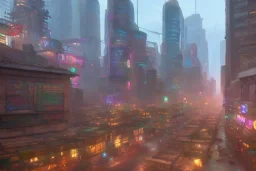 cyberpunk market,street view, misty, hyper-realistic, hyperdetailed, high-octane render, wide shot