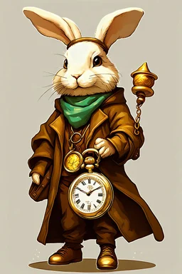 Cute bunny floppy ears adventurer wizard hat dnd art realism holding gold pocket-watch