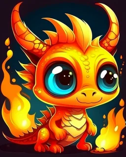 cartoon illustration: a cute little fire dragon with big shiny eyes. The dragon has big wings.