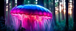 giant bio luminous Rainbow floating JellyFish, fungal, light floating in a forest, mist, light trails, nighttime, long exposure, Treeline, Alberta, scientist, Dystopian, Hyper detailed, Realistic, Extreme depth of field, bokeh blur, Alberta all-natural, National Geographic, in the style of candid, imperfection, natural lighting, cinematic, Fuji Film, Anamorphic lens, 2040s, --ar 4:5 --w 150 --style raw