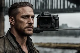 A hyper-realistic,detailed A Tom Hardy . Photo Real, HOF, full size, practicality,manufacturability,performance, (((realism, realistic, realphoto, photography, portrait, realistic, elegant, charming, apocalyptic environment, professional photographer, captured with professional DSLR camera, trending on Artstation, 64k, ultra detailed, ultra accurate detailed, bokeh lighting, surrealism, Thomas Kinkade background, intricate, epic,