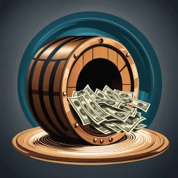 hand depositing money in the barrel, a wooden barrel : 1.5 ) money goes in from above and money comes out from below, ultra quality, vector graphics