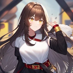 Clear focus, High resolution, rough line art, cute, cartoon, long greyish brown hair, fluffy, long bangs, wearing a white shirt with two grey lines going down, wearing a red belt with a yellow chain on the belt, wearing a black skirt with yellow dots going around it, black sleeves with a yellow strap on each arm, intricately detailed outfit