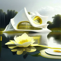 House by a lake water plants and yellow flowers Zaha Hadid style white ink art creamy glasses creative hyper-detailed 8k