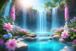 una cascata magica di acqua turchese di un altro pianeta con natura e fiori rosa e azzurri e cristalli e gemme in giardino con una colonna di luce e cielo aperto luminoso.