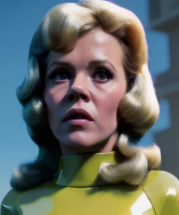 Ultra Realistic retro sci-fi image from 1960, sweet young woman Jane Fonda with a man, dress with tight latex coat and retro glass helmet, Retro sci-fi style, soft color, highly detailed, unreal engine 5, ray tracing, RTX, lumen lighting, ultra detail, volumetric lighting, 3d, finely drawn, high definition, high resolution.