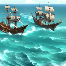 Two pirate ships fight each other at sea. Firing cannons.