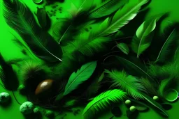 Green fantasy flatlay shot from above, blank space, overhead shot, feathers green, aesthetic