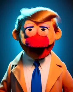 Waist up Portrait, Donald trump muppet, Sesame Street style, retro style, photo studio, blue background, unreal engine 5, god lights, ray tracing, RTX, lumen lighting, ultra detail, volumetric lighting, 3d.