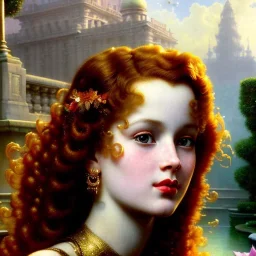 Hyperdetailed oil on canvas, young robyn lively sits by the ornate fountain, goldfish pond, lotus, detailed face, long red curly hair; by gaspar camps, maxfield parrish, alphonse mucha, cyril rolando, dan mumford; luminous colorful sparkles, glitter, airbrush, octane render, volumetric lighting, 16k