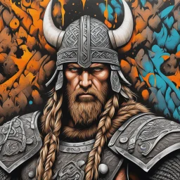 Imágen arte grafiti de guerrero Vikingo, intrincado, calidad ultra, hiperdetallado, 8k, fondo de árboles, colores complemen