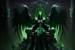 armadura negra y verde con alas de angel sentada en un trono enorme en la noche