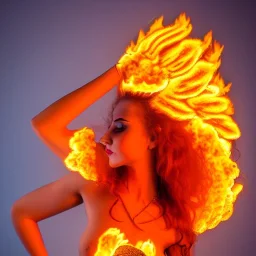 woman made of fire, fire angel, fire clothes, full body portrait, long flowing yellow hair, highly detailed, real life photo, photo quality, extremely detailed, highly detailed, 8K, crisp quality