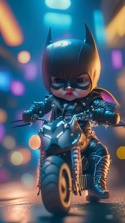 A flirty face Kawaii tiny hyper realistic baby batman riding mini harley davidson sportster modified, wearing bikers batman clothes with kick boxing action, night of cyberpunk city background. wide angle full body, 8k, Cinematography, photorealistic,epic composition Unreal Engine,Cinematic, Color Grading, Portrait Photography,Ultra-Wide Angle, Depth of Field, hyper detailed