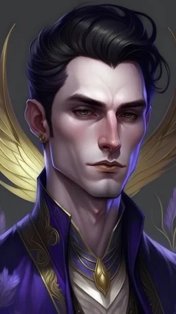 Retrato de Rhysand. Alto fae de tez dorada, olivácea, ojos color violeta, pelo corto oscuro con alas oscuras como las de un murciélago. Muy apuesto. Joven. Tunica oscura,negra con detalles en plateado y dorado. Estilo manga