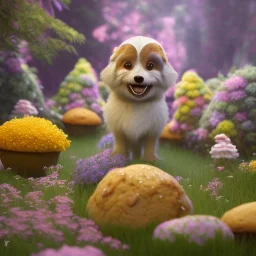 pixar style, volumetric summer garden environment and background, realistic painting of muffins, looking excited, volumetric lighting, dramatic lighting, detailed digital painting, extreme dense and fine fur, anime, ornate, colour-washed colors, elegant, small minutiae, tiny features, particulars, centered, smooth, sharp focus, renderman gofur render, 8k, uhd, detailed eyes, realistic shaded volumetric lighting, sunlight caustics, backlight, centered camera view