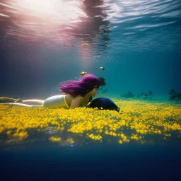 eva and adam underwater with yellow flowers for hair, closed eyes, rtx, reflection, 8k, glow, winning photography, caustics