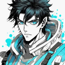 An handsome male alien with messy black hair and blue eyes, colored manga style