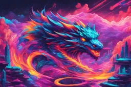 Dragon in a vibrant synthwave dreamscape, neon chaos swirling energetically around pixelated forms, a dynamic fusion of retro gaming nostalgia and futuristic abstraction