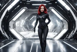 photorealistic slim woman looking like black widow with white boots in a heroic pose at the entrance to a spaceship