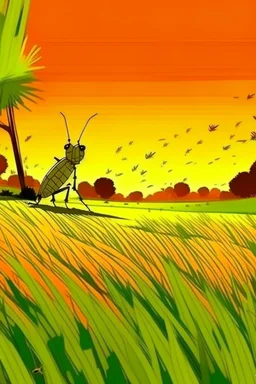 Grasshopper，Rice field，Trees，Warm color palette，Animation