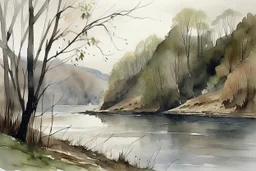 River scene by grey cliffs and trees in wet watercolour