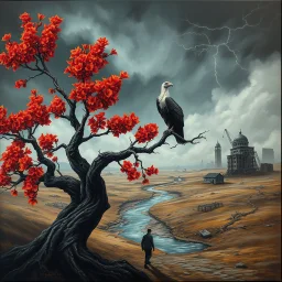 create a cinematic acrylic painting of a gnarled autumn tree blooming with red warning-like flowers, icy-necked vulture perched on a dark limb, grey lightning-filled sky, broken buildings and skeletal structures on the horizon, dry river snaking through the earth, lone silhouette walking away, dark and moody with high visual contrast --v 7 --ar 16:9
