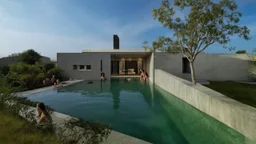 This image showcases a modern architectural style house with a minimalist design. The layout features clean, angular lines and a flat roof. The exterior walls are made of light-colored concrete, and there are three small square windows on the left side. The house has a large open space that leads to a pool with clear blue water in the foreground, where a few people are swimming and enjoying themselves. The pool area is surrounded by a concrete wall on the right. The sky is partly cloudy, adding