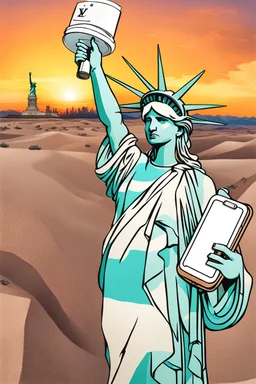 up-close digital image of the statue of liberty, covered in graffiti , holding a cellphone and taking a selfie while smiling,a Louis Vuitton bag over shoulder, standing alone In a deserted desert