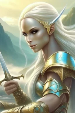 pretty woman, warrior, elf, blonde, fantasy, Skyrim, sword, gentle, maternal, caring