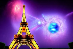 Eiffel tower but bigger and made from diamonds . nebula in sky . flying cars passing by.