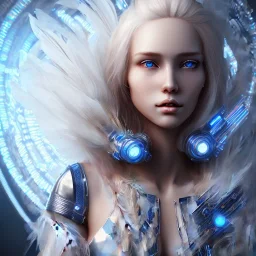 A beautiful portrait of a cute smiling cyberpunk woman, long blond platinum hair, high key lighting, volumetric light high details with blue and white stripes and feathers and white celtic paterns, beam starry background