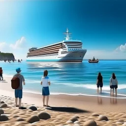 i want to create ai image for photo backgrounds of a ship parked on the shore of a beautiful sea with people around