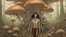 woman with black hair, in light brown leather trousers and jacket, walking through a forest of Alien mushrooms with jellyfish tentacles, photorealistic, Deep Colour, Intricate Detail, Keith Parkinson