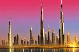 a photorealistic image of Burj Khalifa, sunset, abstract, featuring the skyline