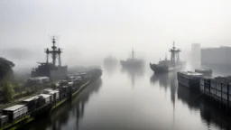 A foggy industrial landscape with ships docked along a river, surrounded by tall buildings in the background