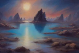 rocks, lagoon, space, very epic, concept art, new age influence, cosmic and philosophic influence, trscendent, jenny montigny anna boch impressionism painting