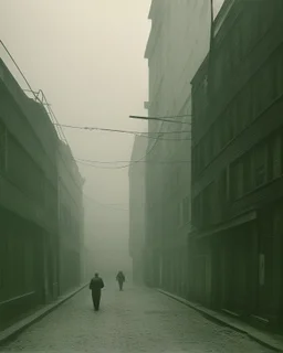 Dark street life creepy fog colours strong texture hgt nightmare 8k artistic Photography volumetric light, Yves Tanguy Max Ernst Egon Schiele