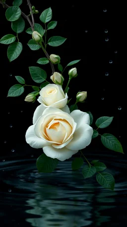 The image is a digital artwork that depicts a branch of tree of light black roses and leaves tangling in to a water in the river with aThe rose floats on the surface of the water, creating a wave-like effect. The background is black, which makes a branch of a tree of white roses stand out even more. Water droplets are scattered adding to the dreamy, ethereal quality of the image. The a