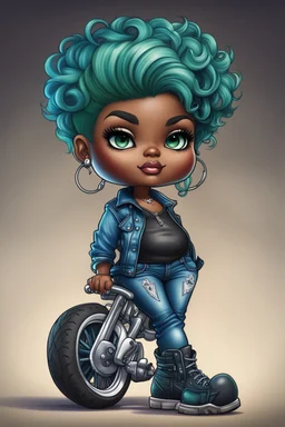 create an airbrush illustration of a chibi cartoon voluptuous black female wearing a blue jean outfit with biker boots. Prominent make up with hazel eyes. Extremely highly detail of a very low green pixie haircut. Background of a bike show.