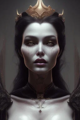 Jeniifer Coolidge as evil queen in black leather, cleavage, angry, stern look. character design by cory loftis, fenghua zhong, ryohei hase, ismail inceoglu and ruan jia. unreal engine 5, artistic lighting, highly detailed, photorealistic, fantasy